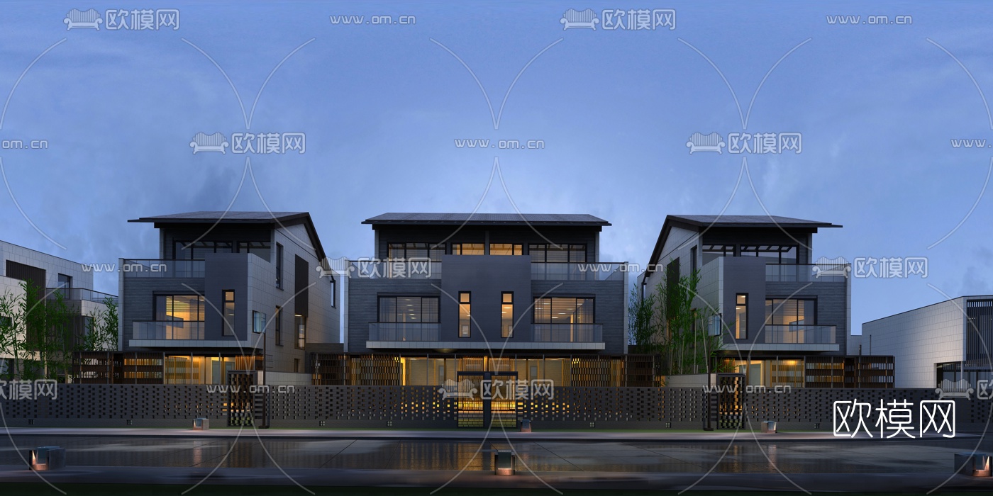 现代别墅外观夜景3d模型