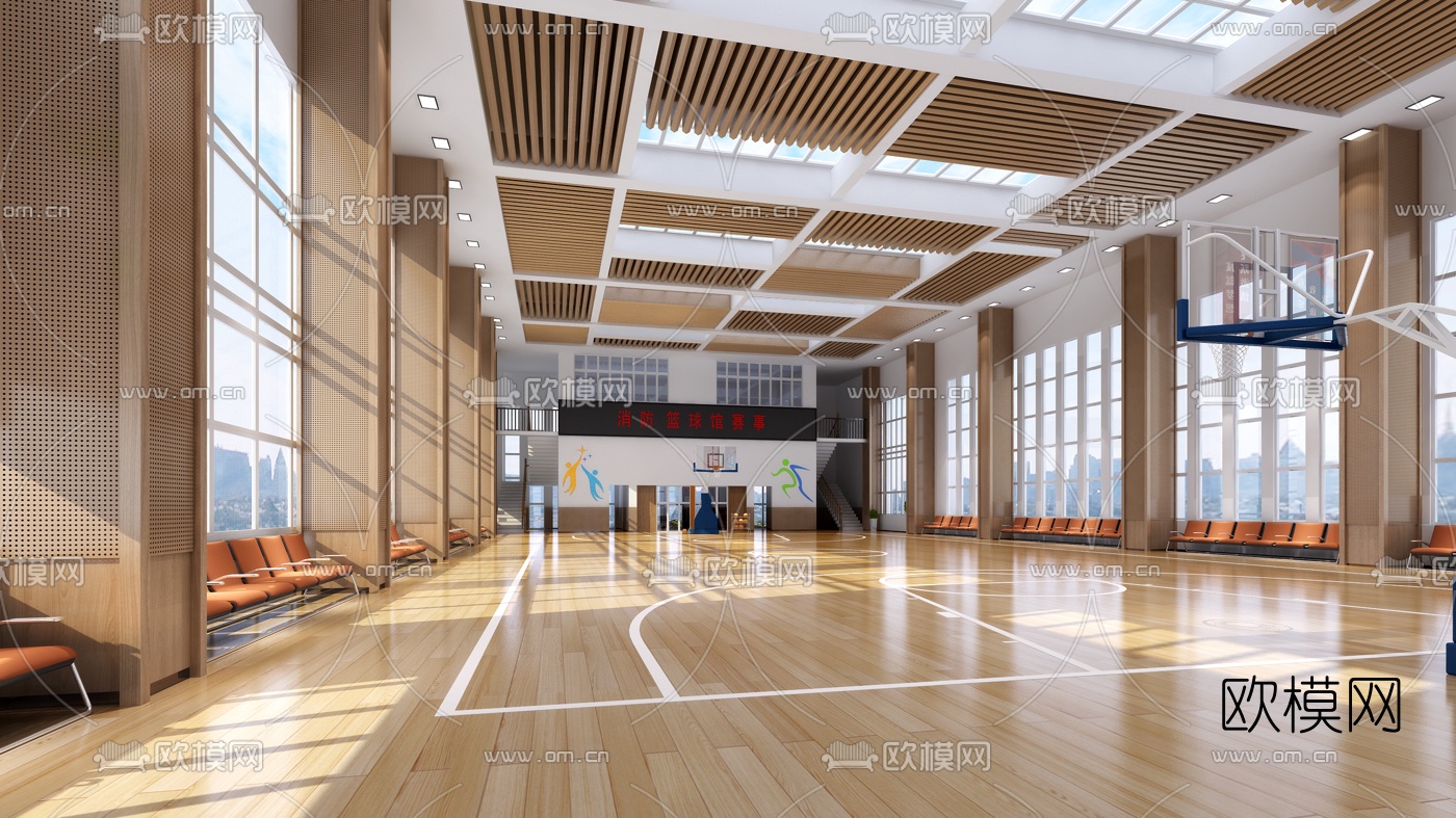 现代室内篮球场3d模型下载（渲染图1）