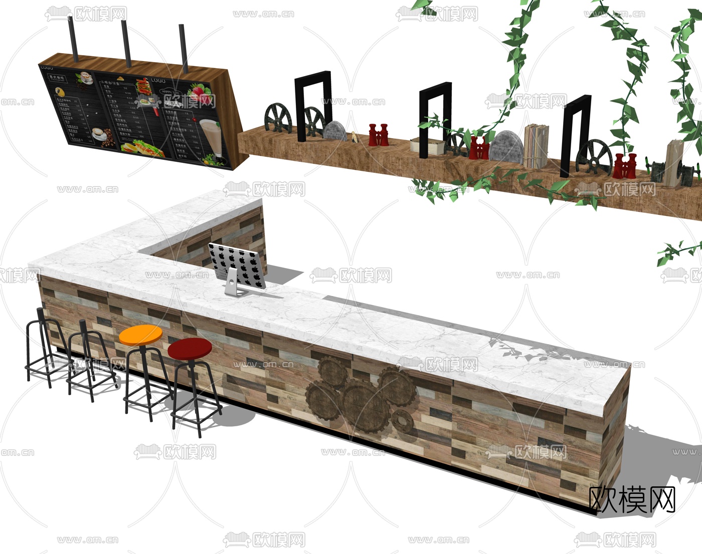 工业风大理石吧台su模型下载（渲染图2）