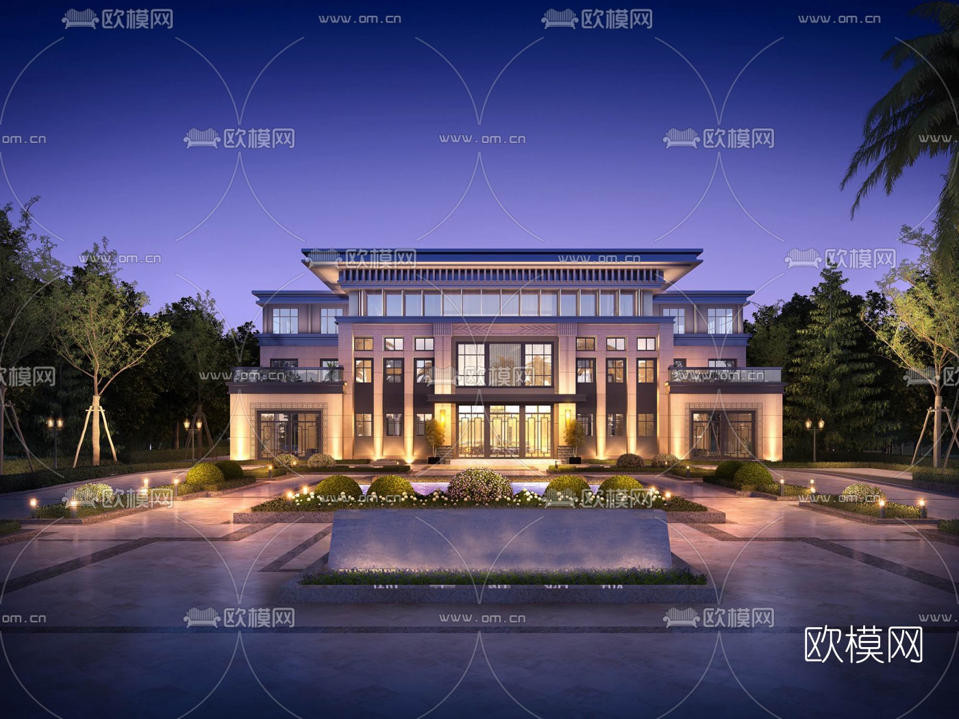 新中式售楼处外观夜景3d模型