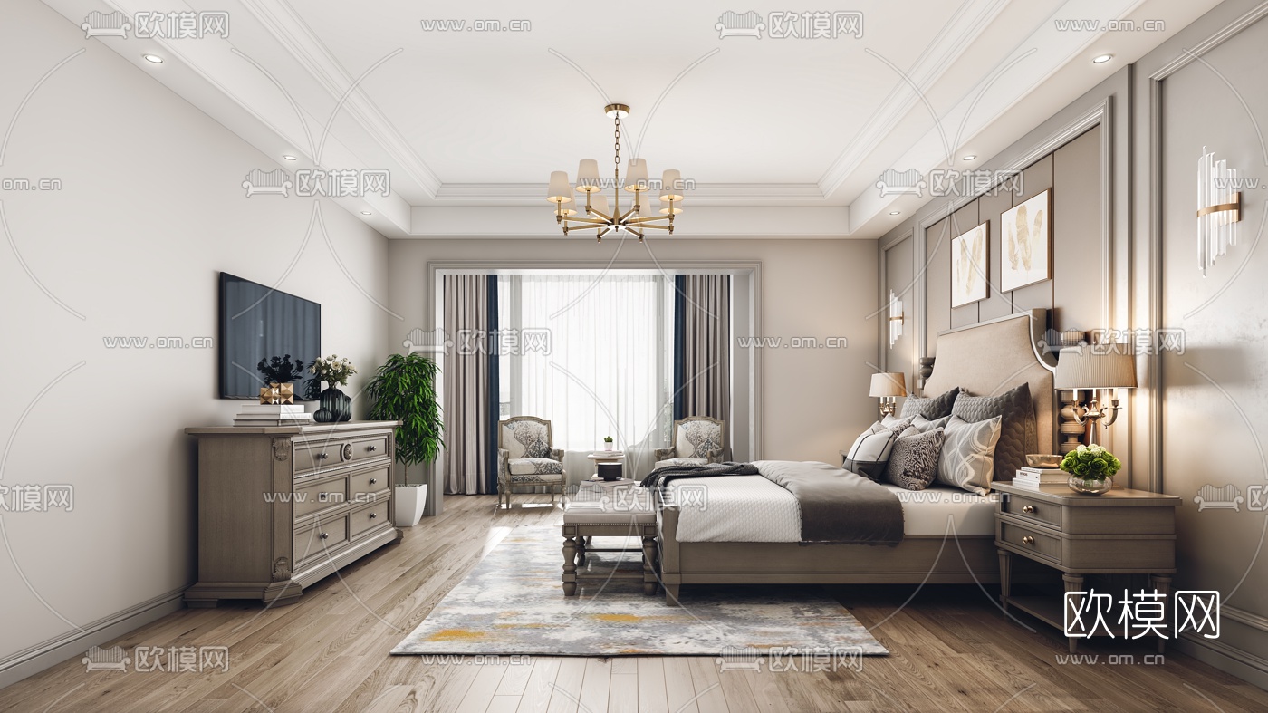 美式主人房卧室3d模型下载（渲染图3）
