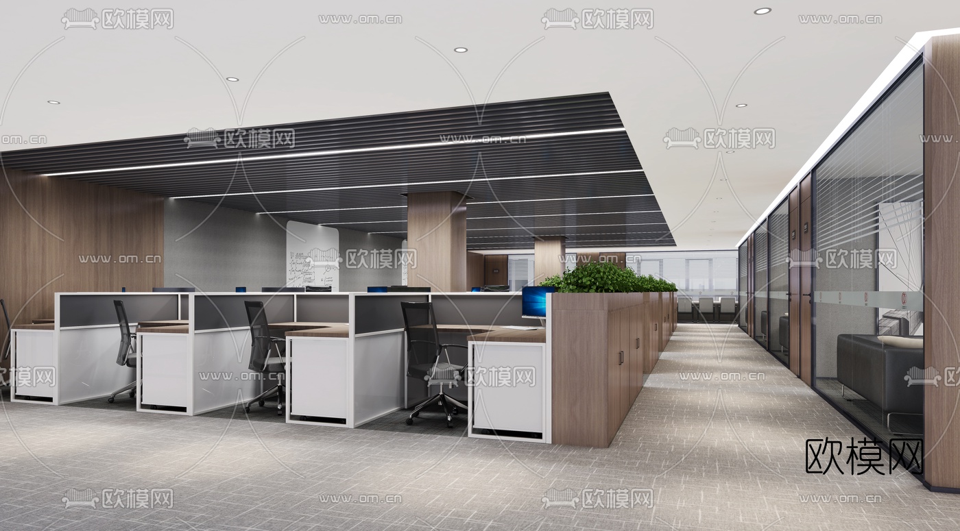 现代开放式办公区3d模型-免费3dmax模型库-欧模网