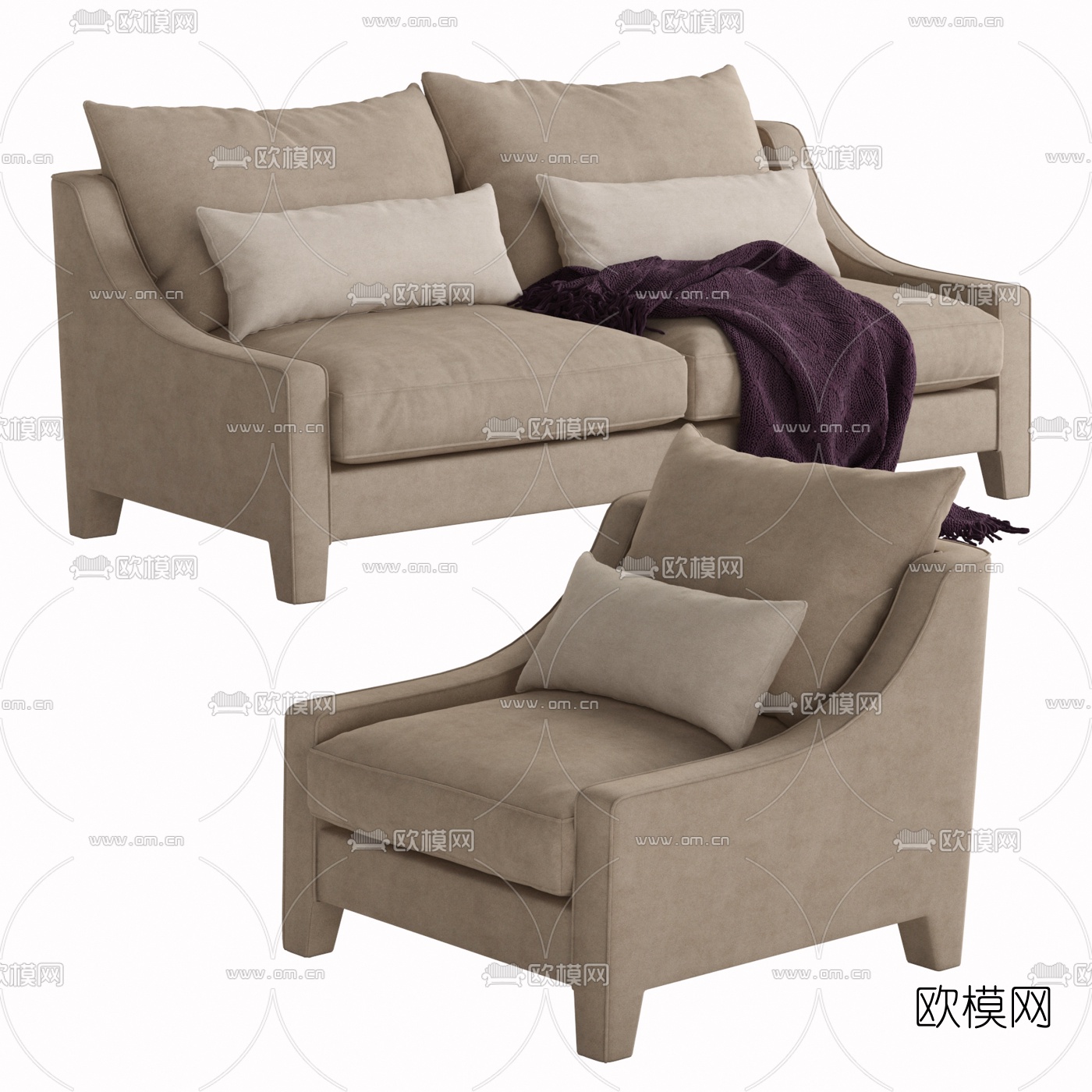 现代布艺双人沙发3d模型-免费3dmax模型库-欧模网