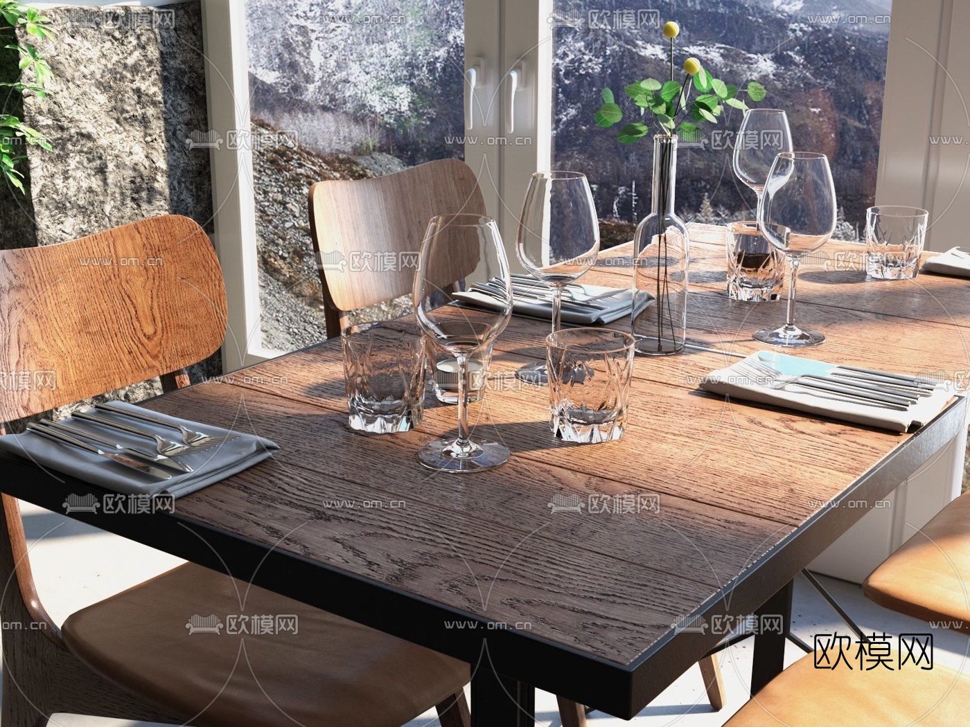 北欧原木餐桌椅3d模型下载（渲染图3）