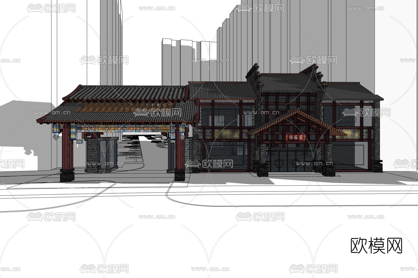 中式餐厅外观免费su模型下载