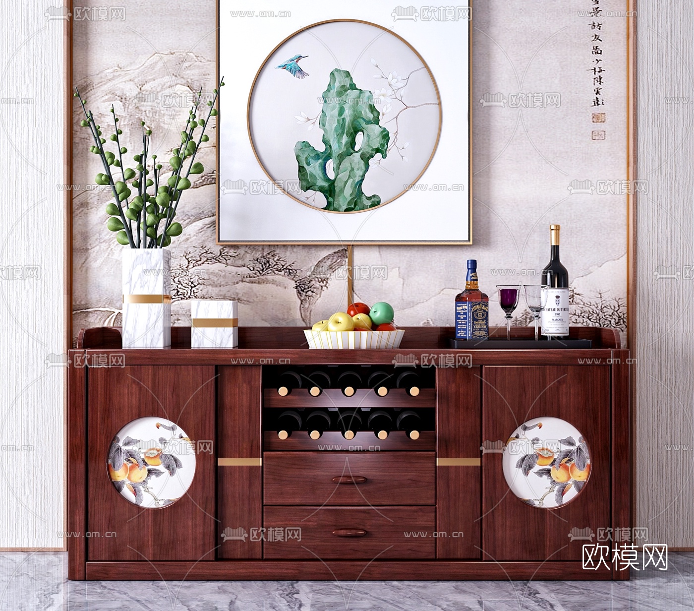中式实木餐边柜3d模型