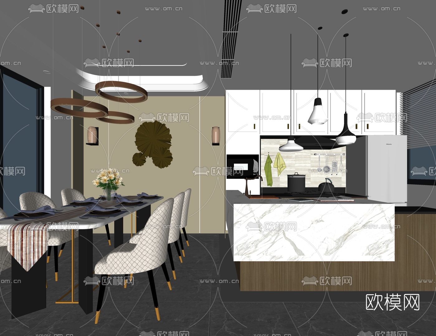 现代轻奢餐厅厨房su模型下载