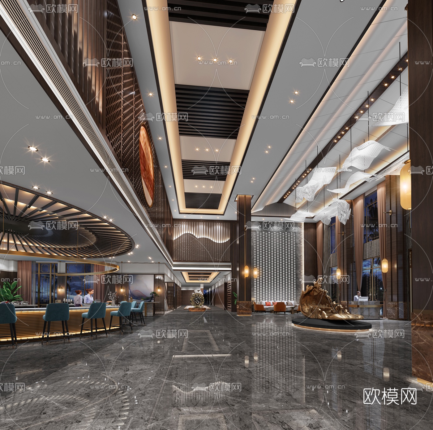 新中式轻奢酒店大堂休息区3d模型下载_ID10039262_3dmax免费模型-欧模网