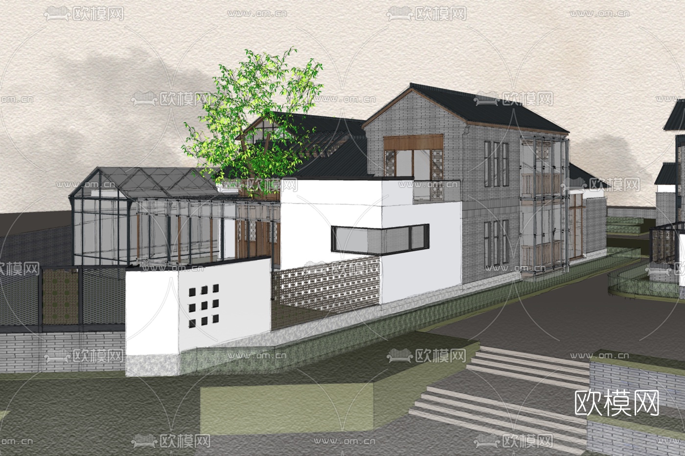 新中式独栋别墅免费su模型下载