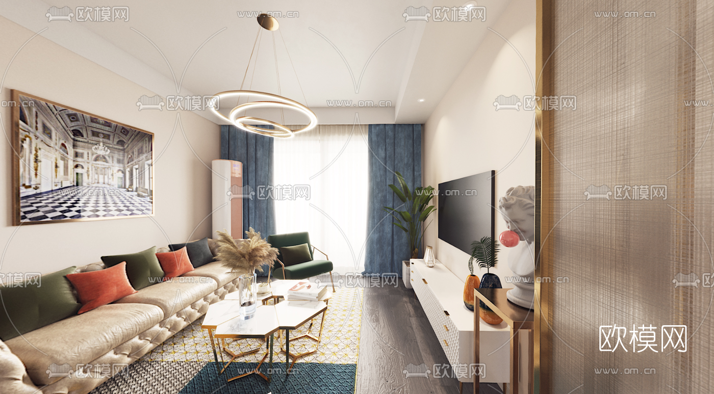 简欧轻奢客厅餐厅cr全景3d模型