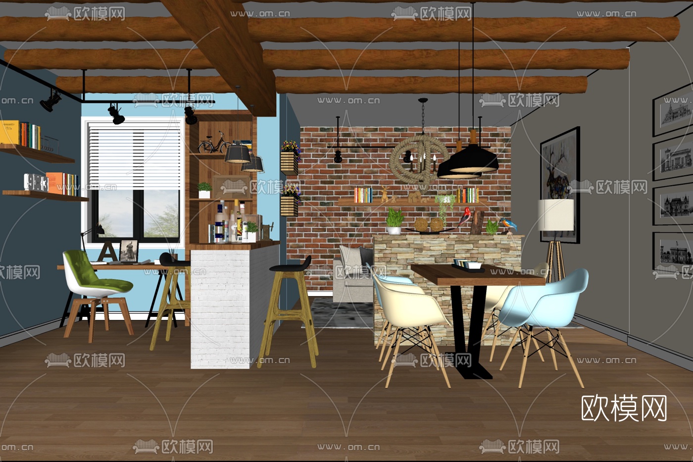 工业风餐厅免费su模型下载