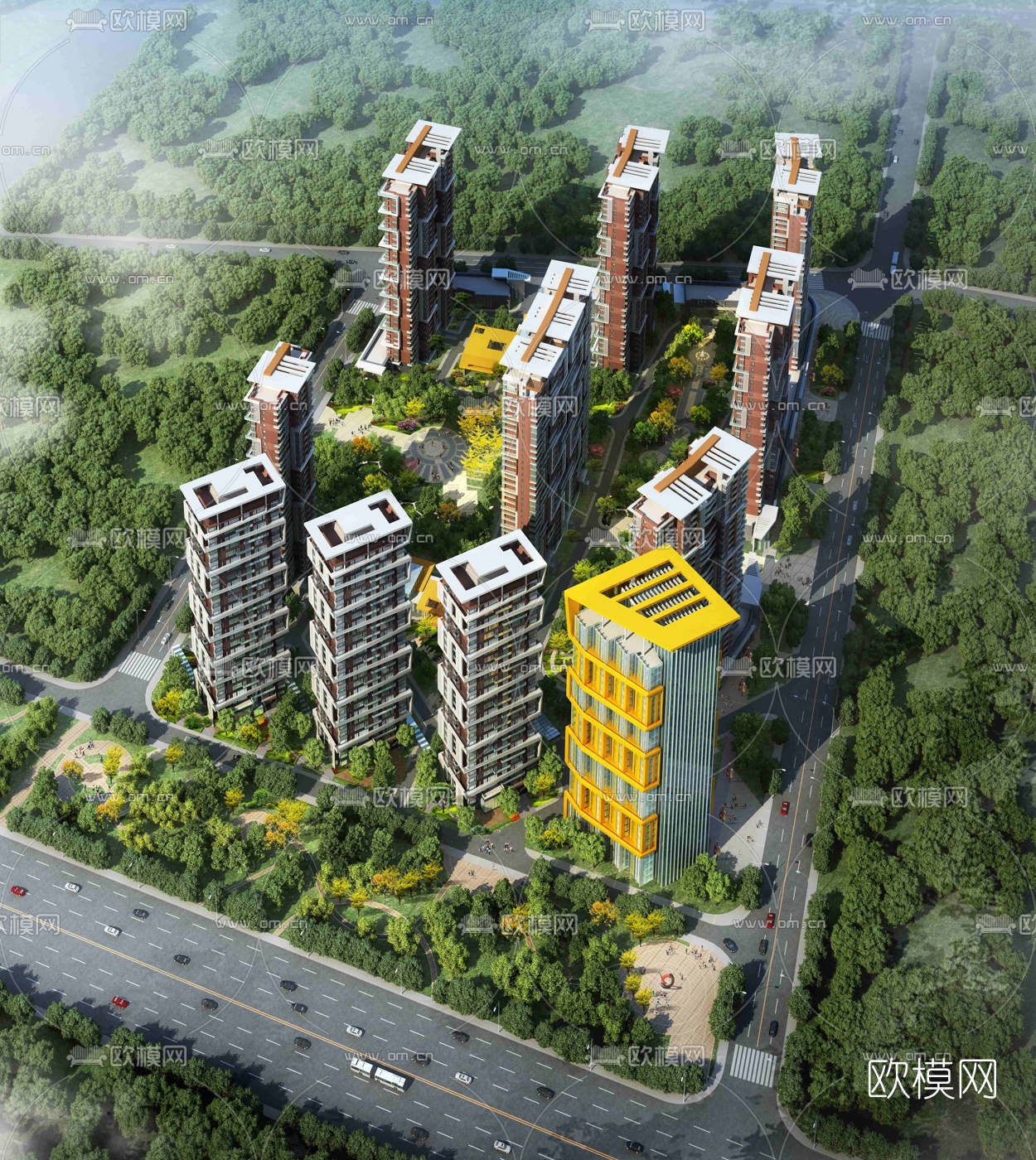 现代住宅小区鸟瞰规划3d模型下载