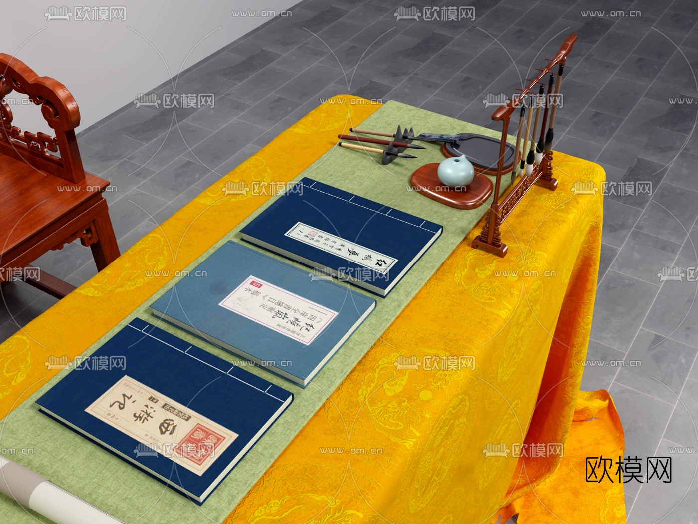 中式实木书桌文房四宝3d模型