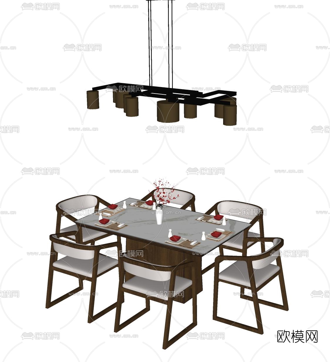 新中式餐桌椅su模型下载