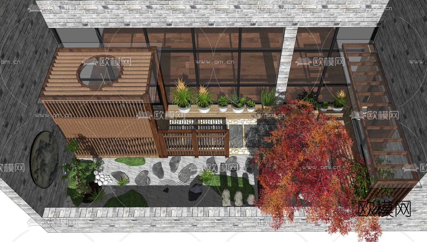 中式庭院景观su模型下载（渲染图2）