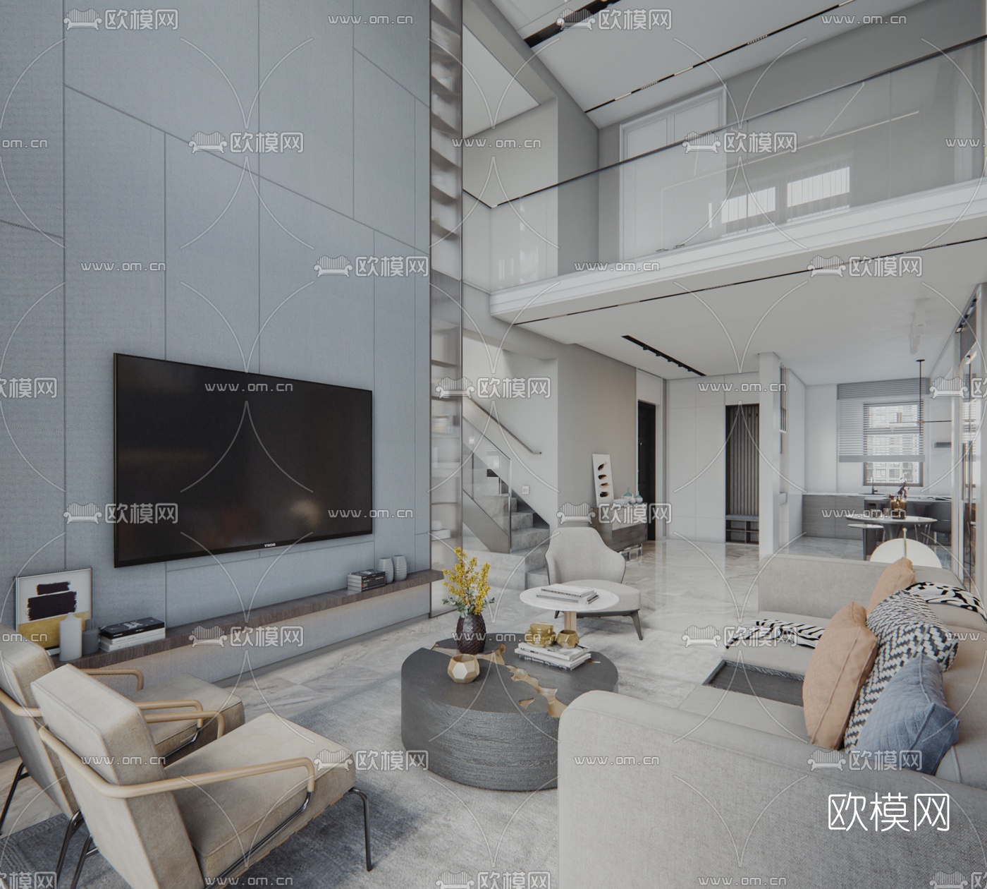 现代别墅客厅餐厅3d模型