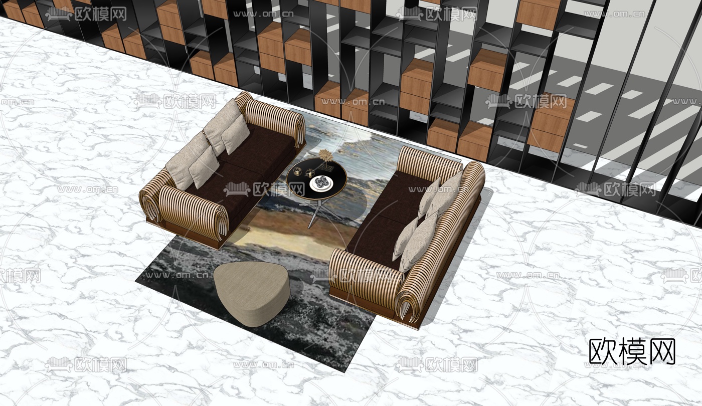现代布艺组合沙发su模型下载（渲染图2）