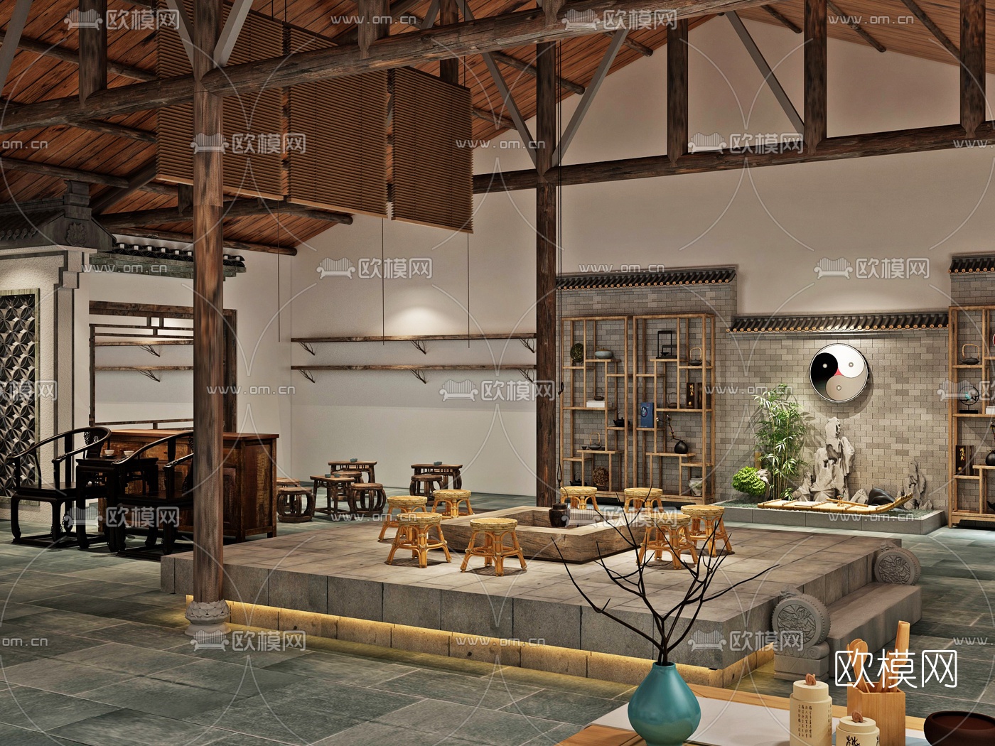 新中式陶茶馆3d模型下载（渲染图1）