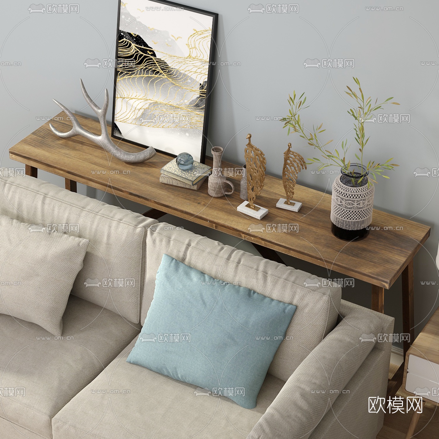 北欧原木端景条案3d模型下载（渲染图2）