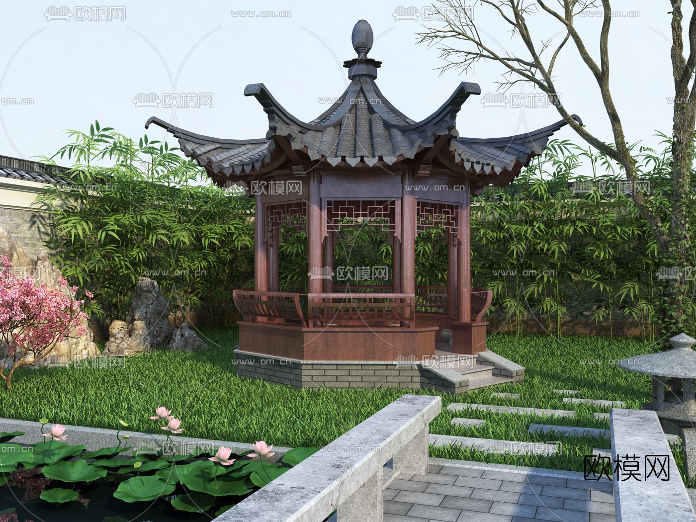 中式庭院景观3d模型下载