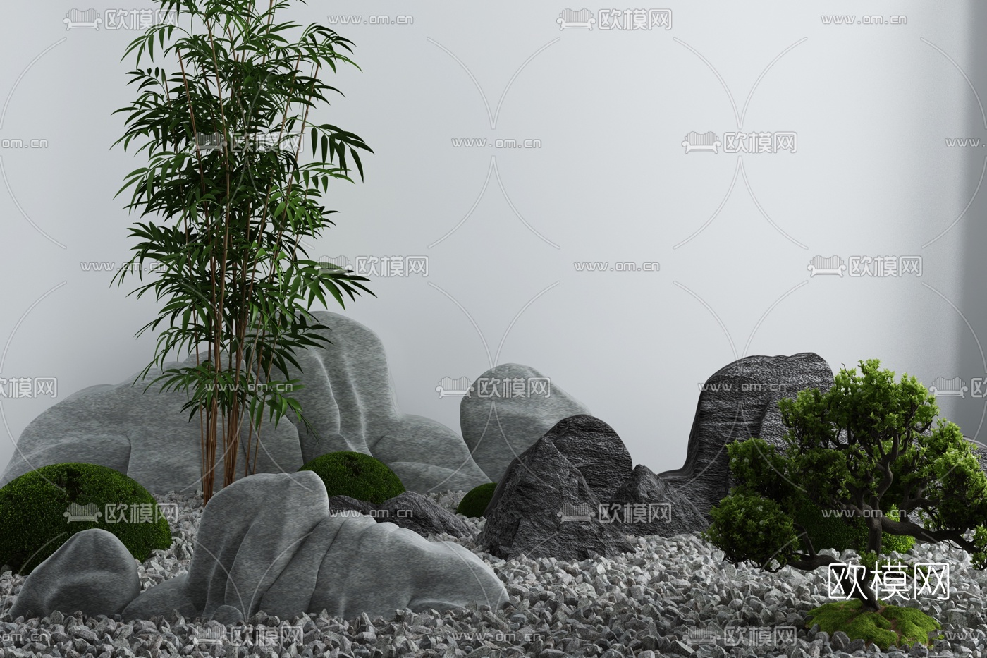 新中式假山竹子景观小品3d模型