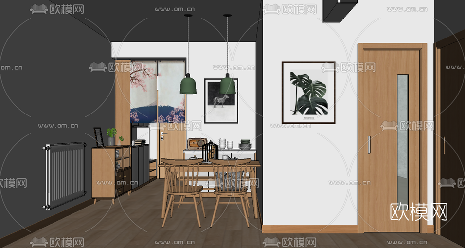 北欧客厅餐厅su模型下载(渲染图3)