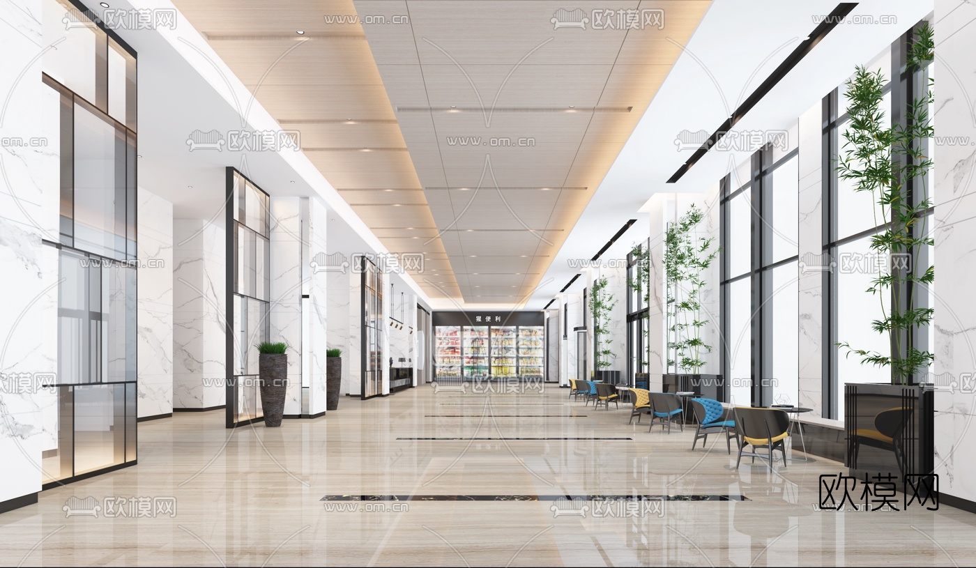 现代办公楼写字楼前台大堂3d模型下载（渲染图2）