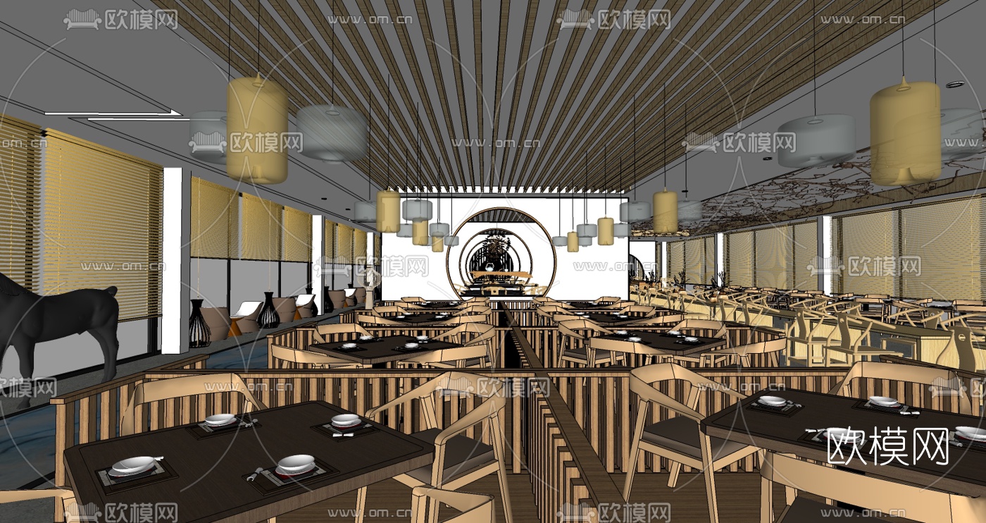 新中式中餐厅su模型下载（渲染图1）