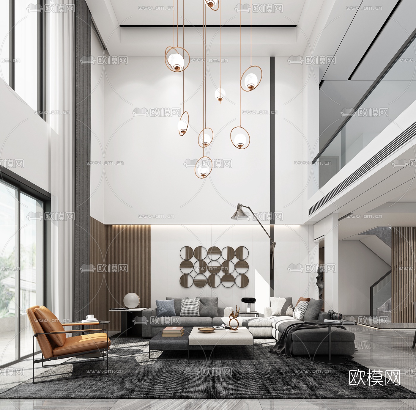 现代轻奢别墅大堂3d模型下载（渲染图1）