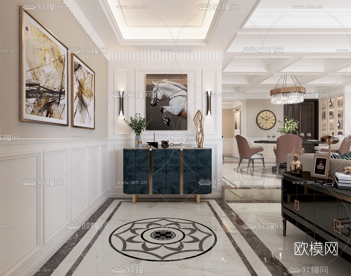 简欧轻奢客厅餐厅3d模型下载（渲染图2）