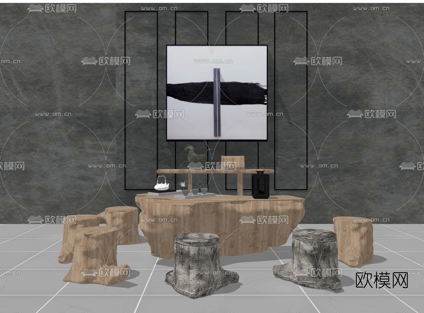 新中式根雕茶桌椅su模型下载（渲染图1）