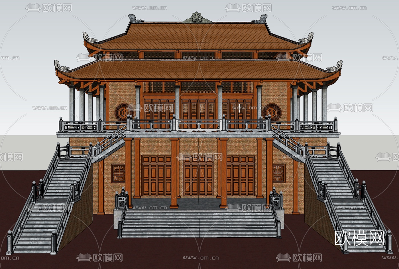 中式寺庙戏台古建su模型下载（渲染图1）
