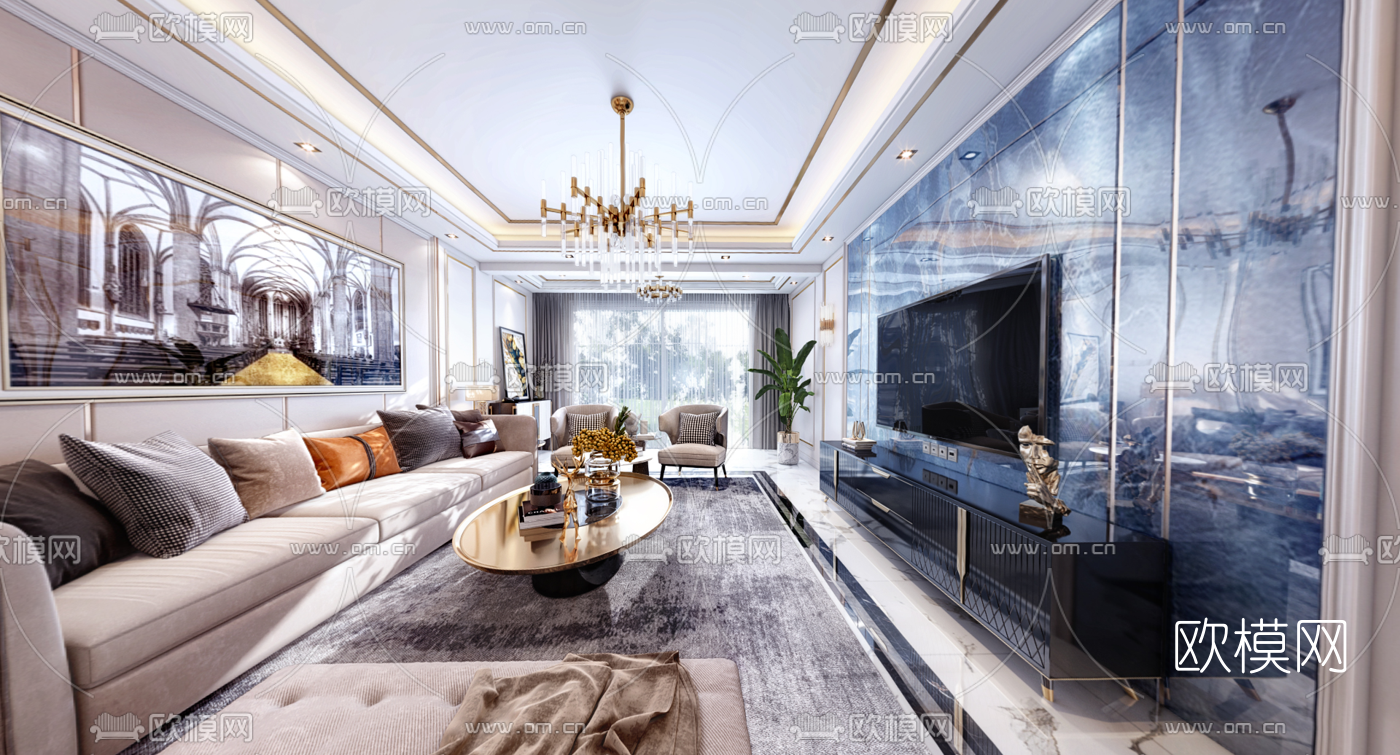 现代轻奢客厅餐厅vr全景3d模型