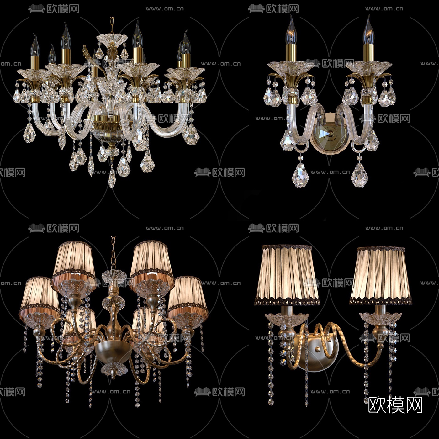 欧式金属水晶吊灯组合3d模型下载