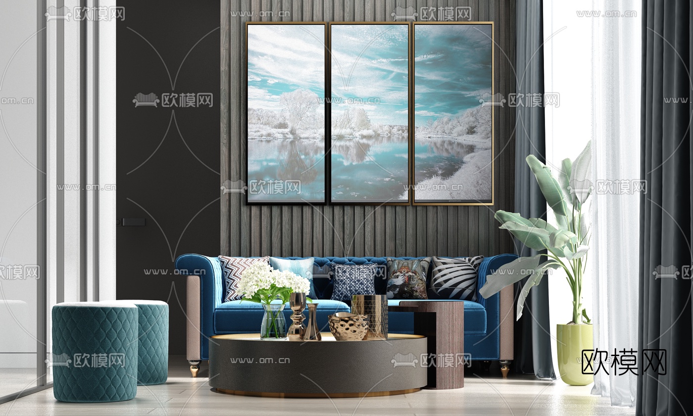 现代绒布沙发组合3d模型