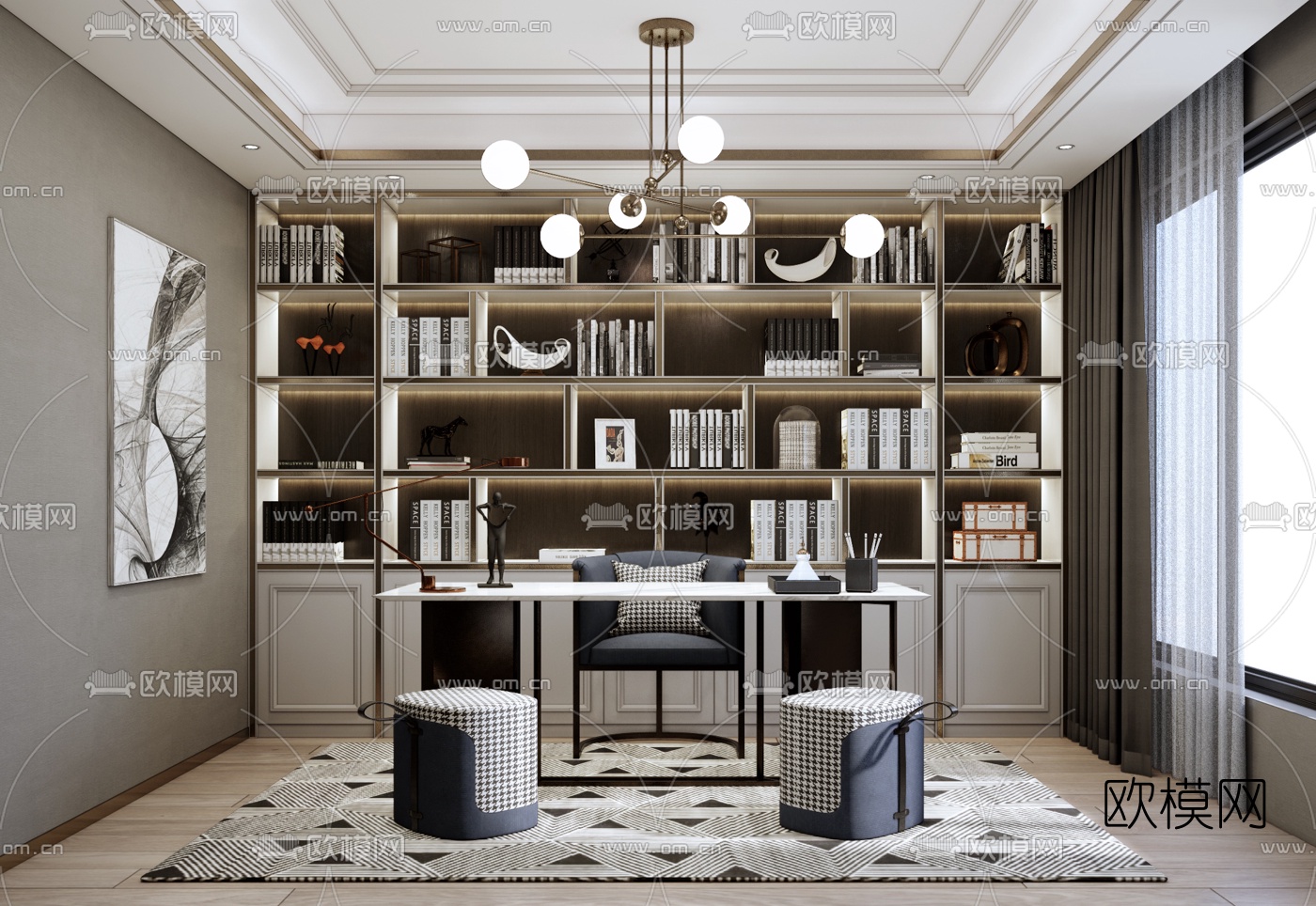 现代轻奢书房su模型