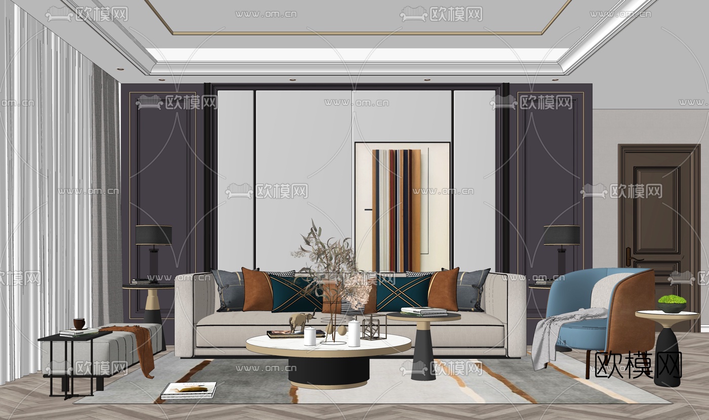现代轻奢客厅su模型下载（渲染图3）