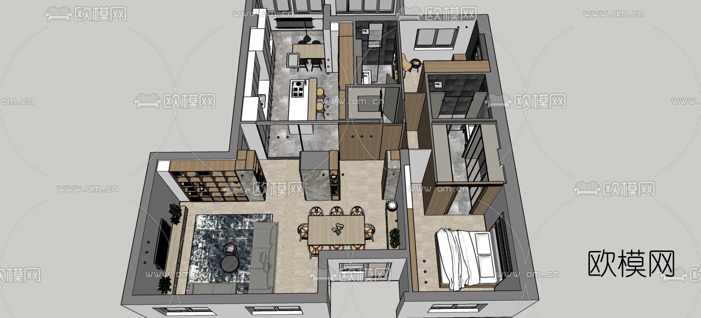 北欧公寓客厅餐厅su模型下载（渲染图4）