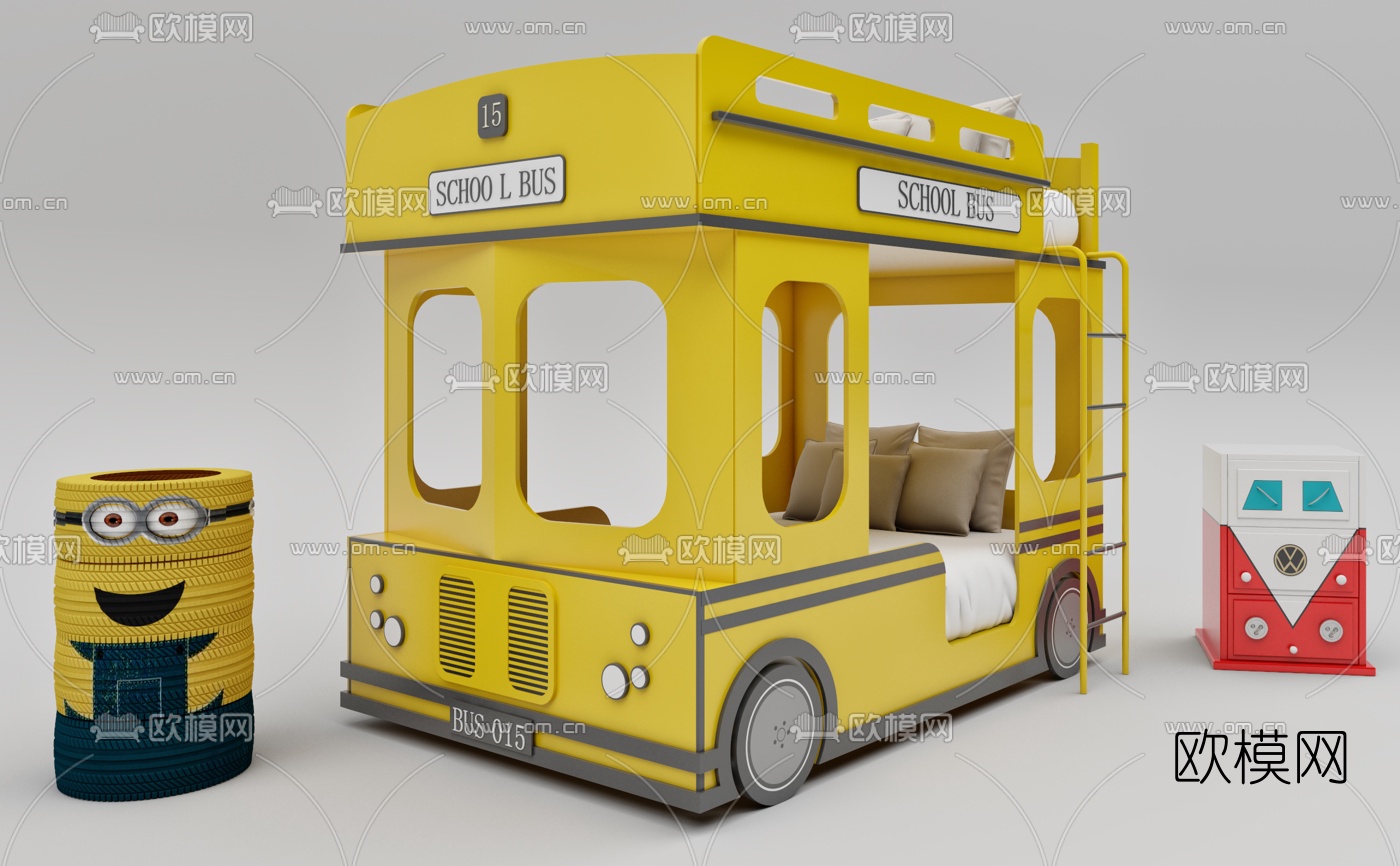 现代上下铺汽车儿童床3d模型下载