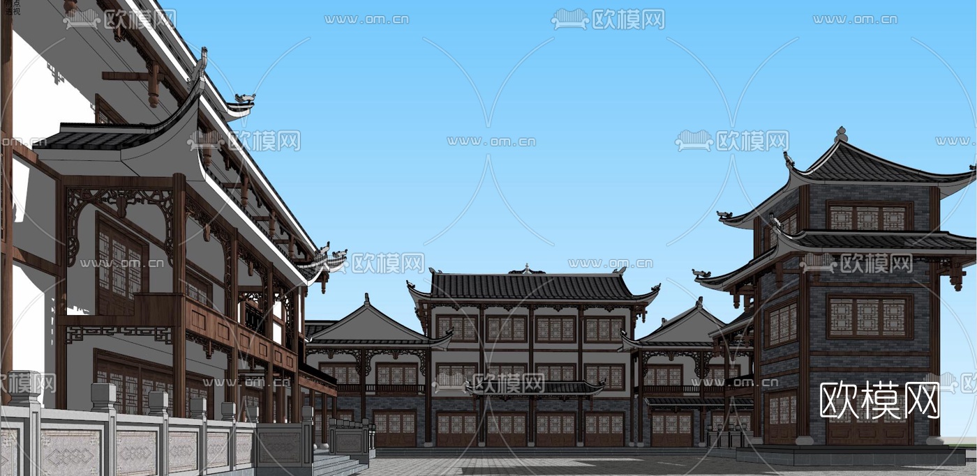 中式建筑外观su模型下载（渲染图3）