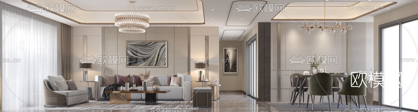 后现代轻奢客厅餐厅3d模型