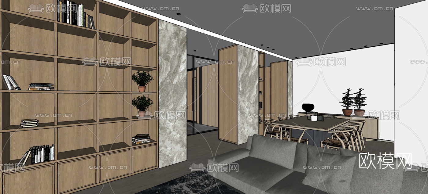 北欧公寓客厅餐厅su模型下载（渲染图2）