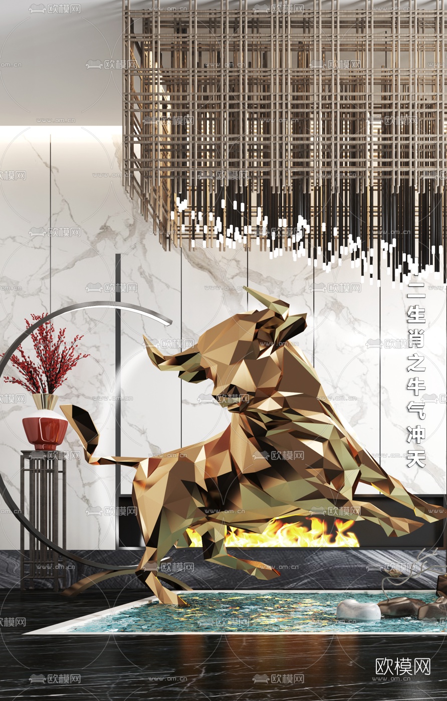 现代金属几何公牛雕塑3d模型