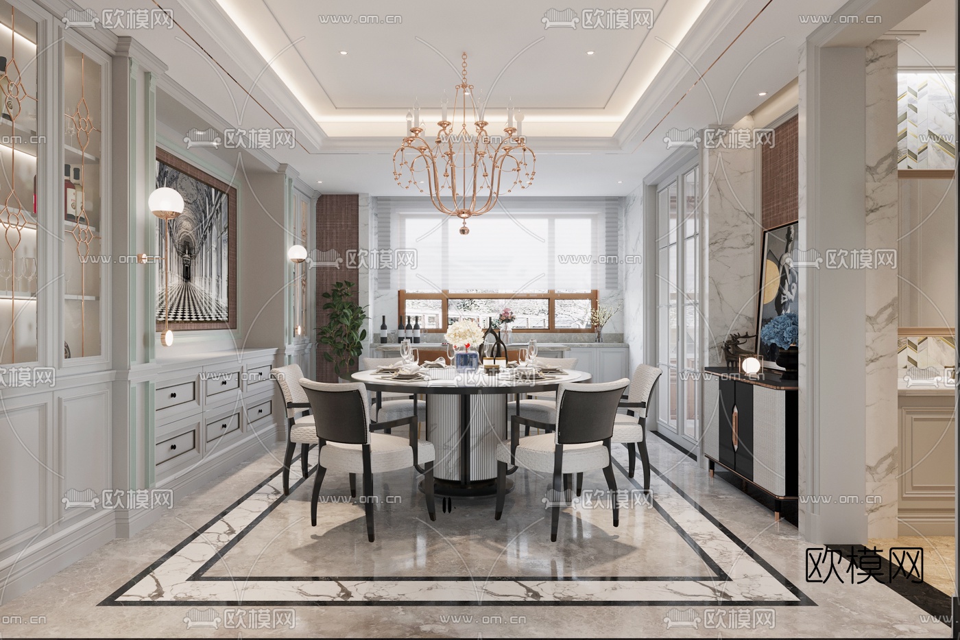 欧式别墅客厅餐厅3d模型下载（渲染图4）