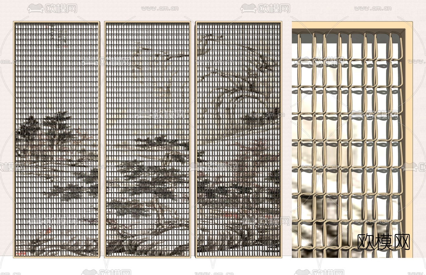 新中式金属网屏风隔断su模型下载