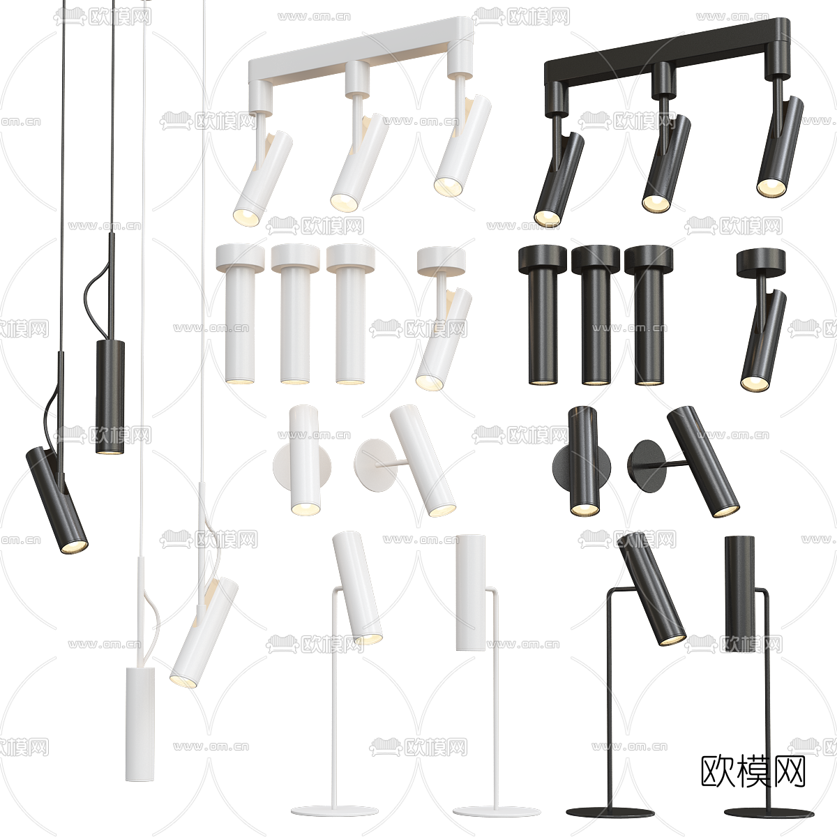 现代直筒吊灯射灯组合3d模型下载（渲染图1）