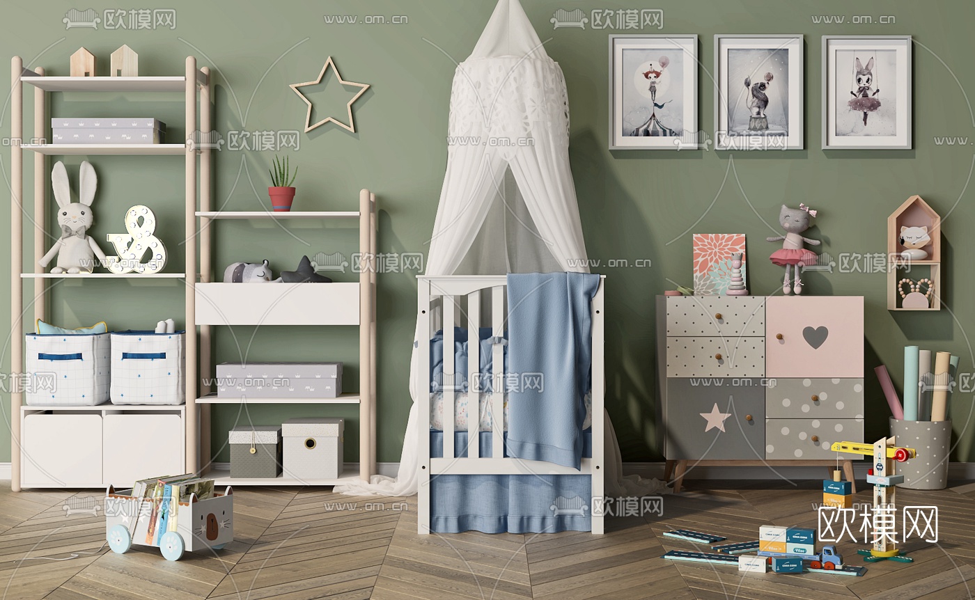 北欧婴儿床儿童柜组合3d模型下载（渲染图1）