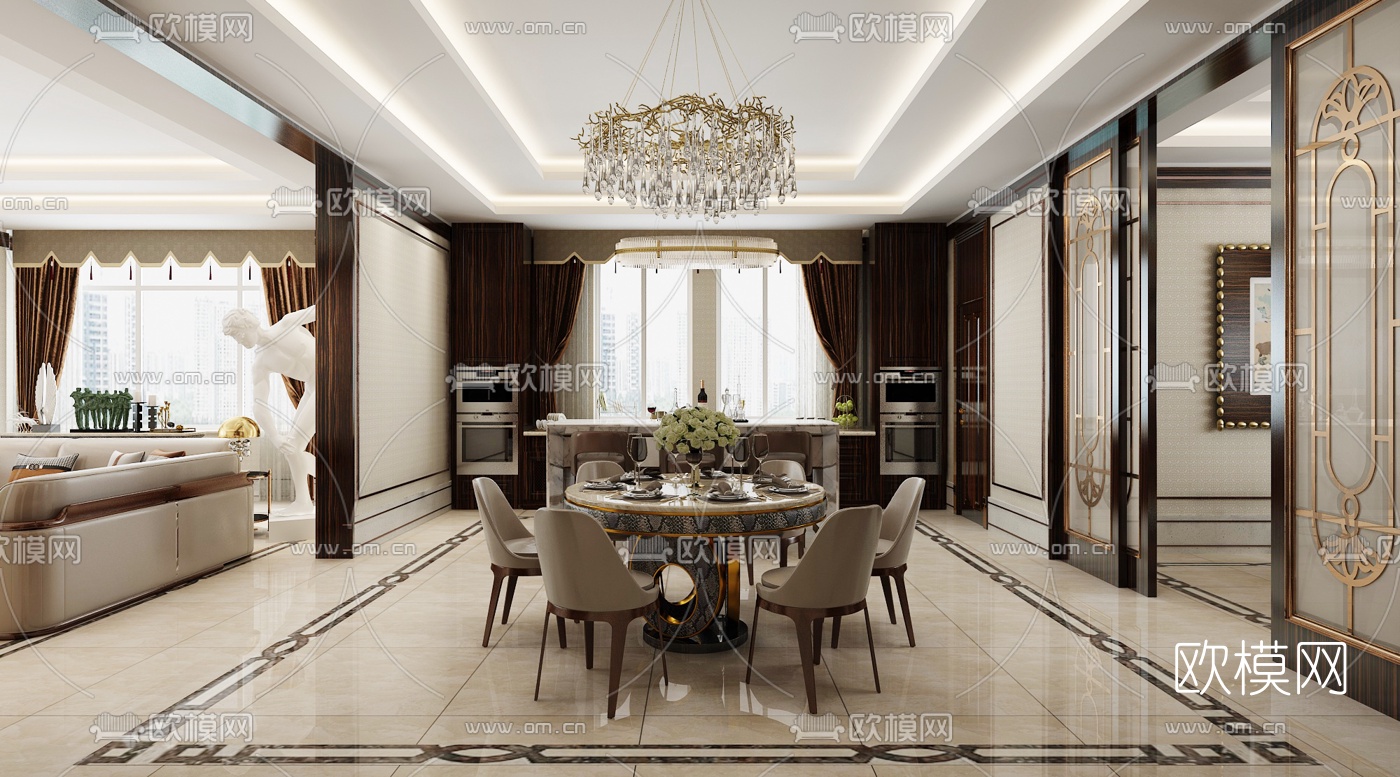 新古典轻奢客厅餐厅3d模型下载（渲染图2）