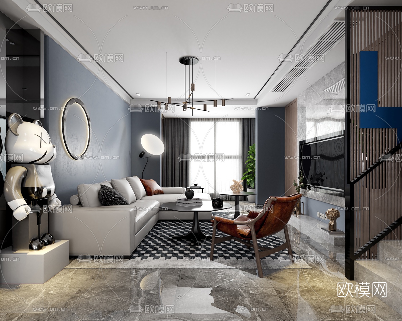 后现代简约客厅餐厅3d模型下载（渲染图1）