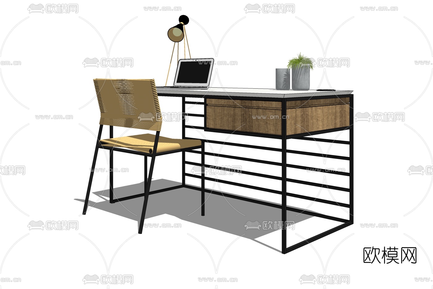 现代实木电脑桌免费su模型下载